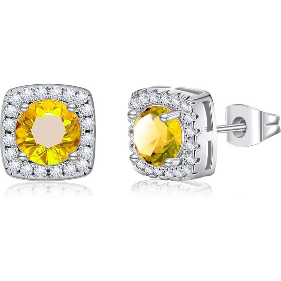 Women's Yellow Square Simulated Dainty Diamond Halo Sparkling Stud Earring - Picture 9 of 9